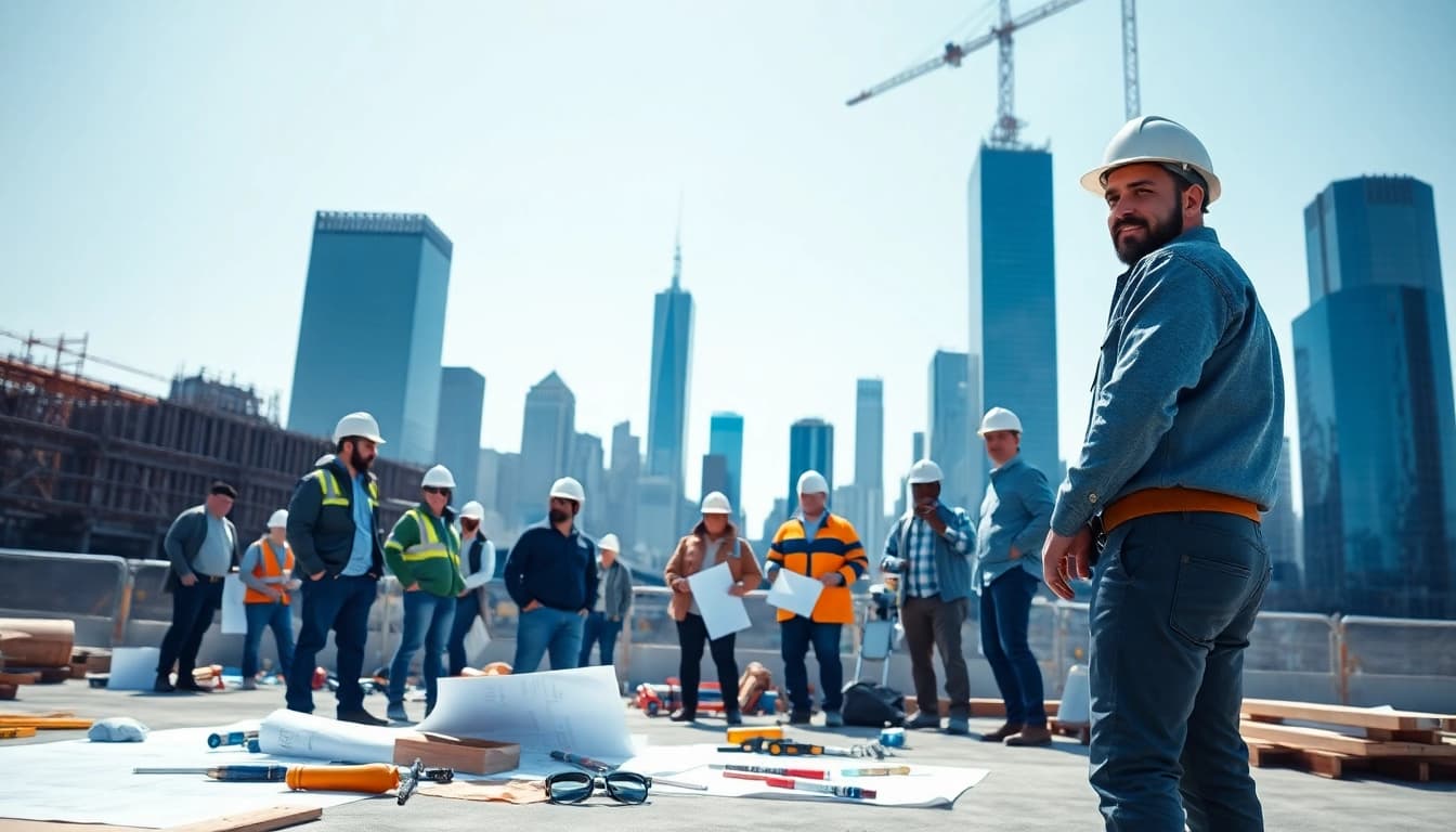 Manhattan General Contractor leading a diverse team on a high-rise construction site.