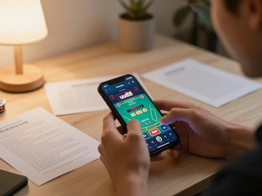 Playing uu88 casino blackjack on a mobile app, hands engaged in strategic gameplay.