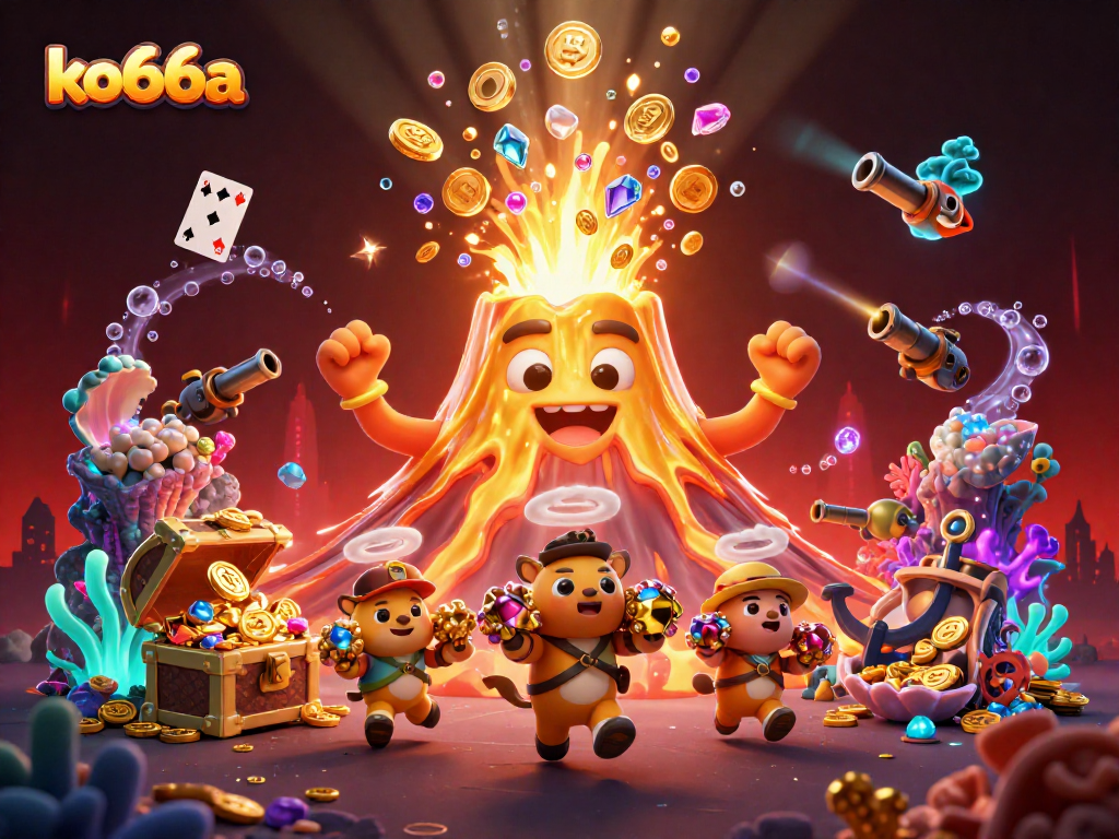 Engage in thrilling games at ko66a with a striking illustration of a golden volcano bursting coins and treasures.