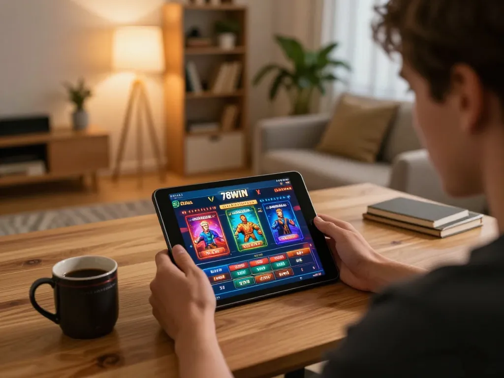 Explore exciting gameplay with the 78WIN app in a cozy home setting, showcasing online gambling