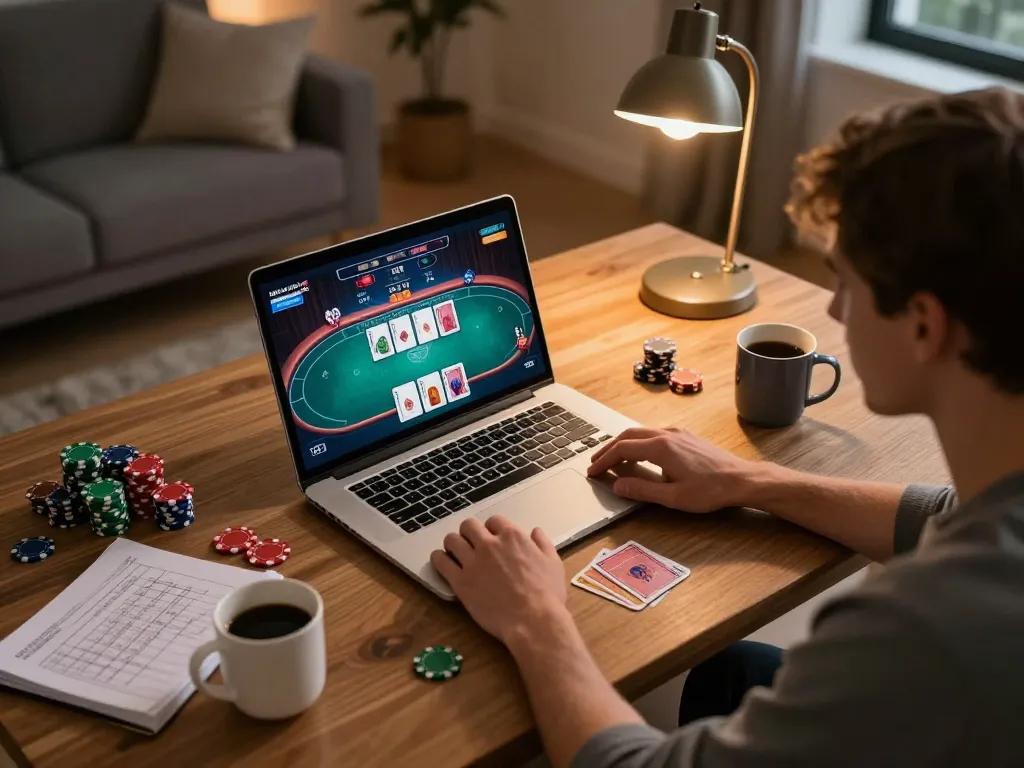 88xx player engaging in an exciting online poker game from a cozy home setup, with strategic notes visible.