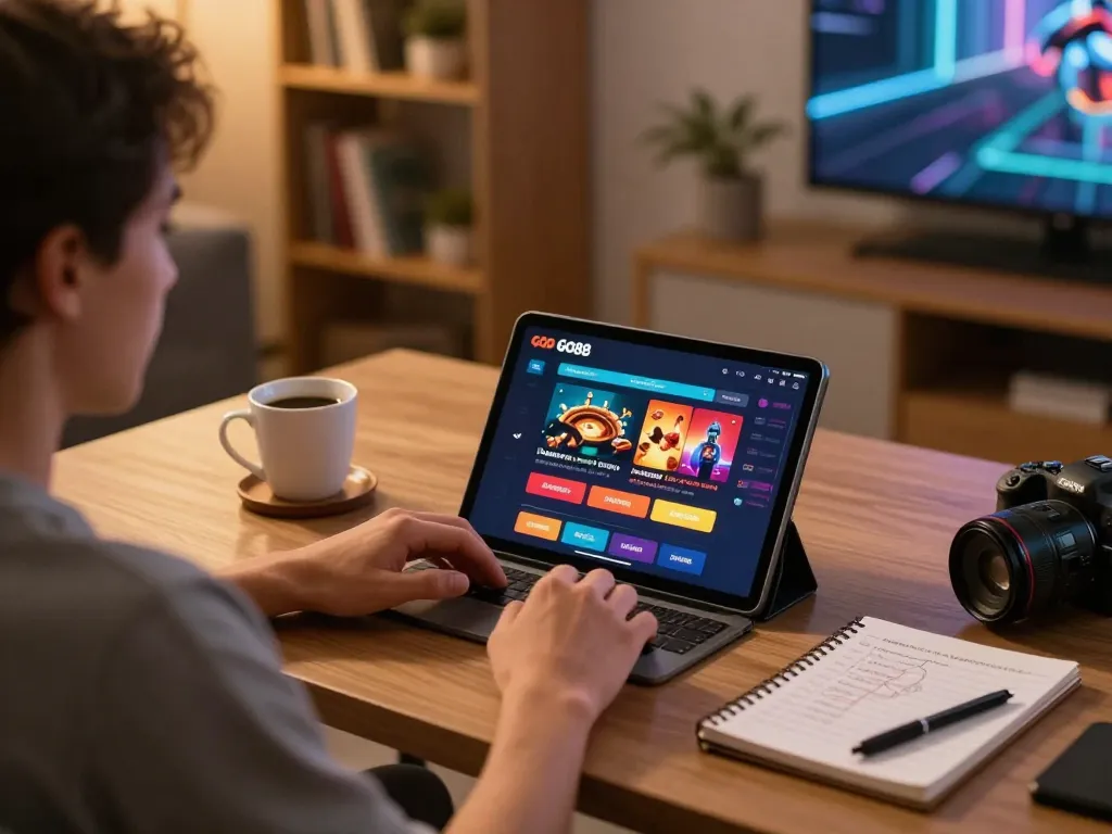 Engaging in online gaming with GO88 casino app displayed on a tablet, showcasing responsible entertainment