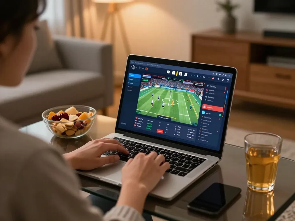 Engaging in sports betting at trang chủ qq88 with a cozy home setup showcasing betting interface and snacks.