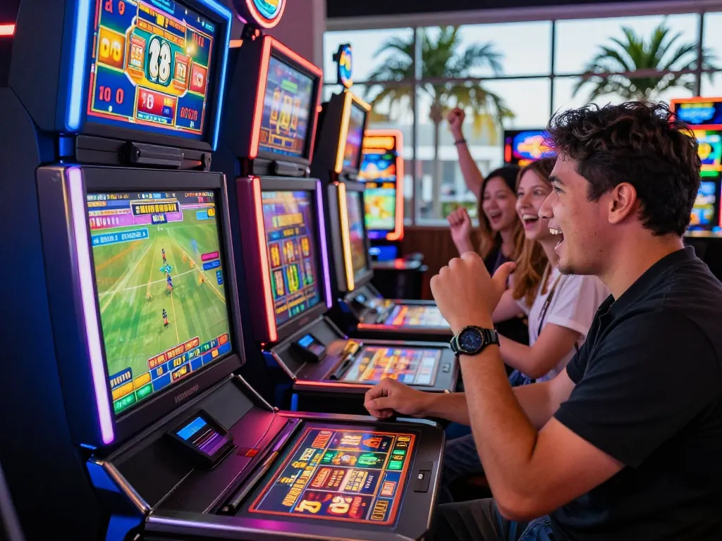 Exciting online gambling at VN88 with digital gaming stations, vibrant atmosphere, and cheering friends.