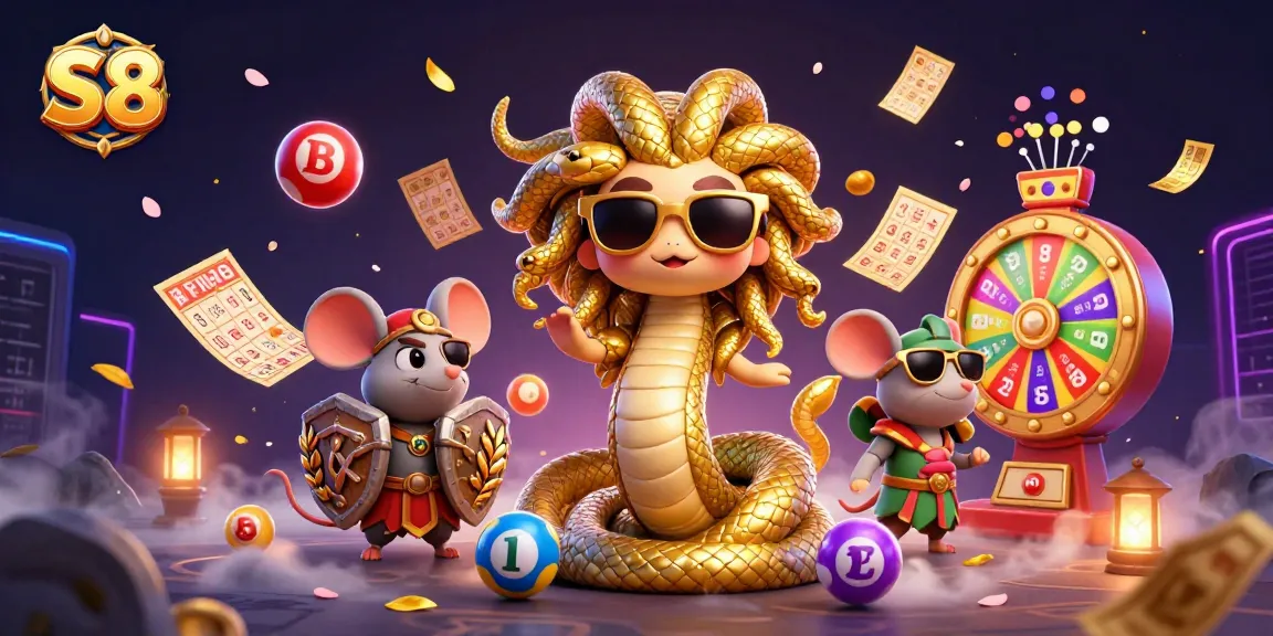 S8 jackpot excitement with Medusa and a warrior mouse surrounded by dynamic lottery elements.