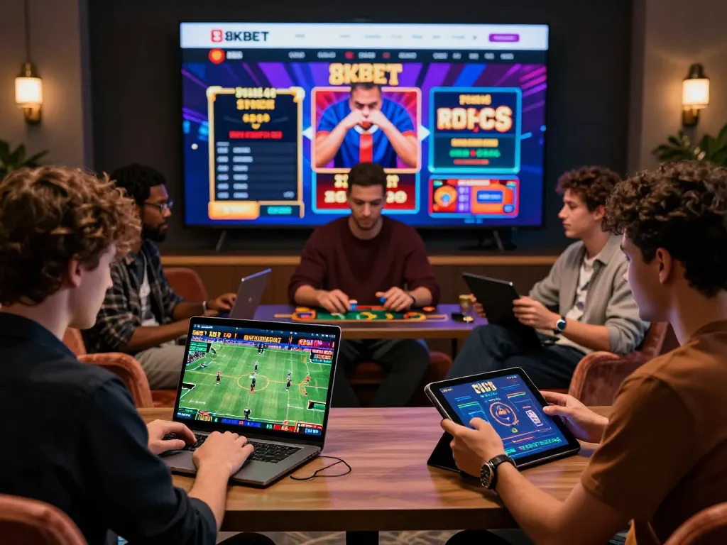 Engaged players exploring 8KBET online betting features in a vibrant gaming room atmosphere.