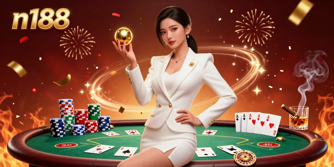 Experience thrilling casino action at n188 with a stunning scene featuring a confident player amidst vibrant gambling elements.