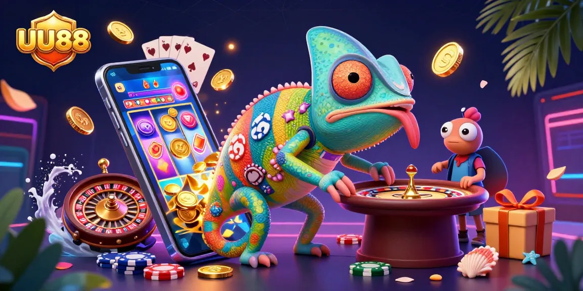Engage with the colorful gaming scene of UU88 as the chameleon casino owner captures golden coins amid vibrant slot games.