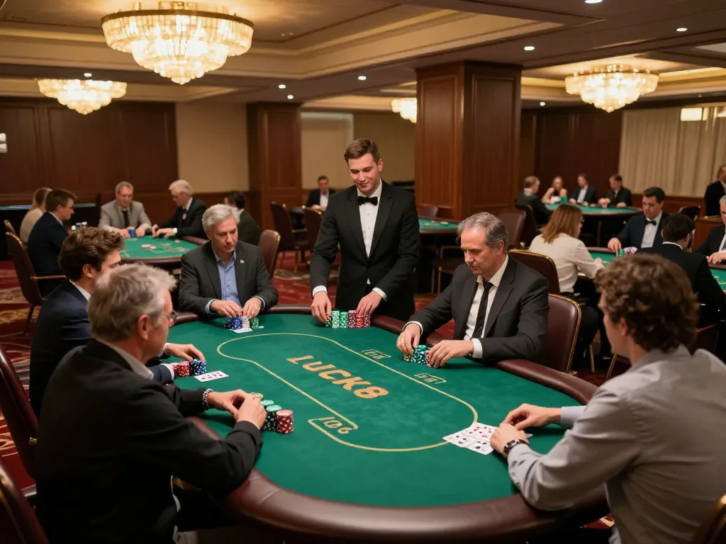Cảnh giải đấu poker LUCK8 với người chơi tham gia vào trò chơi kịch tính tại casino cao cấp