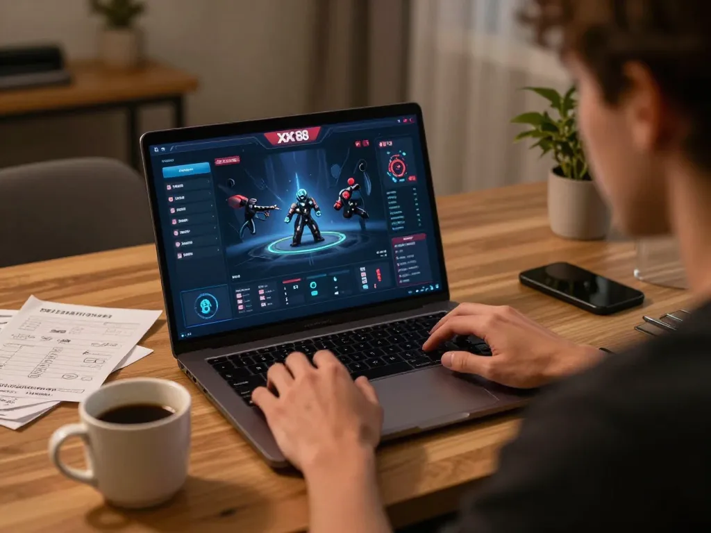 Engaged player enjoying an intense round of XX 88 in a cozy home office with strategic notes.