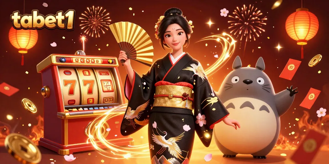Experience thrilling gameplay with tabet1 in a vibrant 3D casino scene featuring a kimono-clad woman and tanuki.