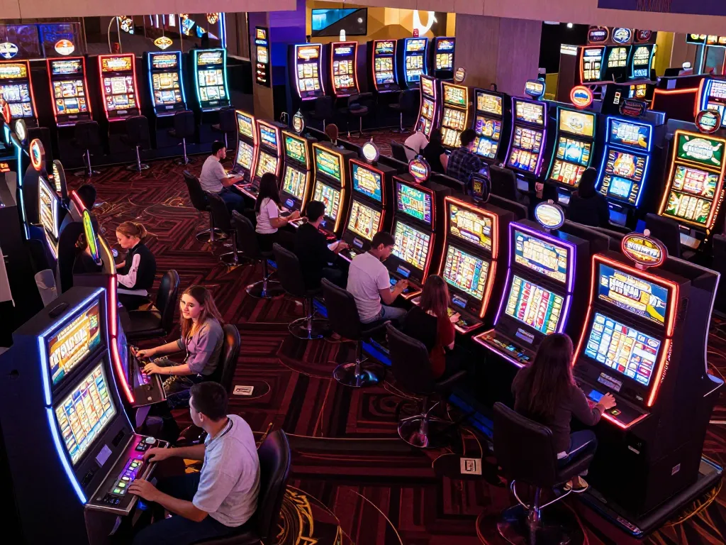 Players enjoying a vibrant slot gacor gaming experience in a lively casino filled with colorful machines