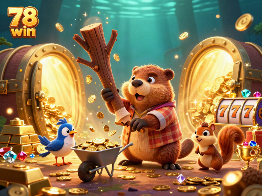 Play and win with 78 win's adventure, featuring beaver and friends amidst a vibrant casino scene!