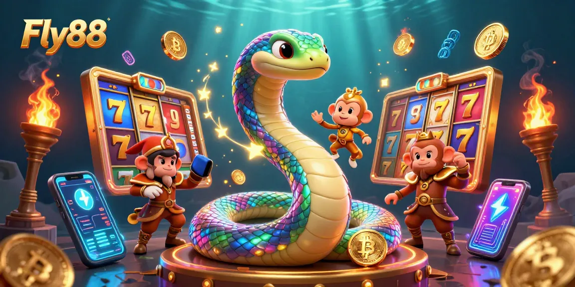 Spin the reels at Fly88 with a rainbow serpent and joyful monkey king in a vibrant casino world