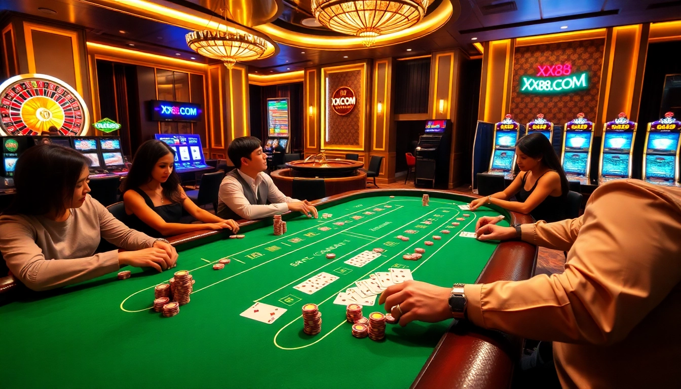 Players enjoying an exciting Baccarat game at XX88.COM, set in a luxurious casino atmosphere.