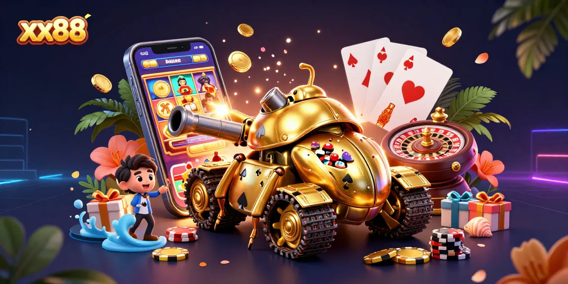 Experience thrilling wins at xx88 with a dynamic 3D casino scene featuring vibrant slot games and golden rewards.