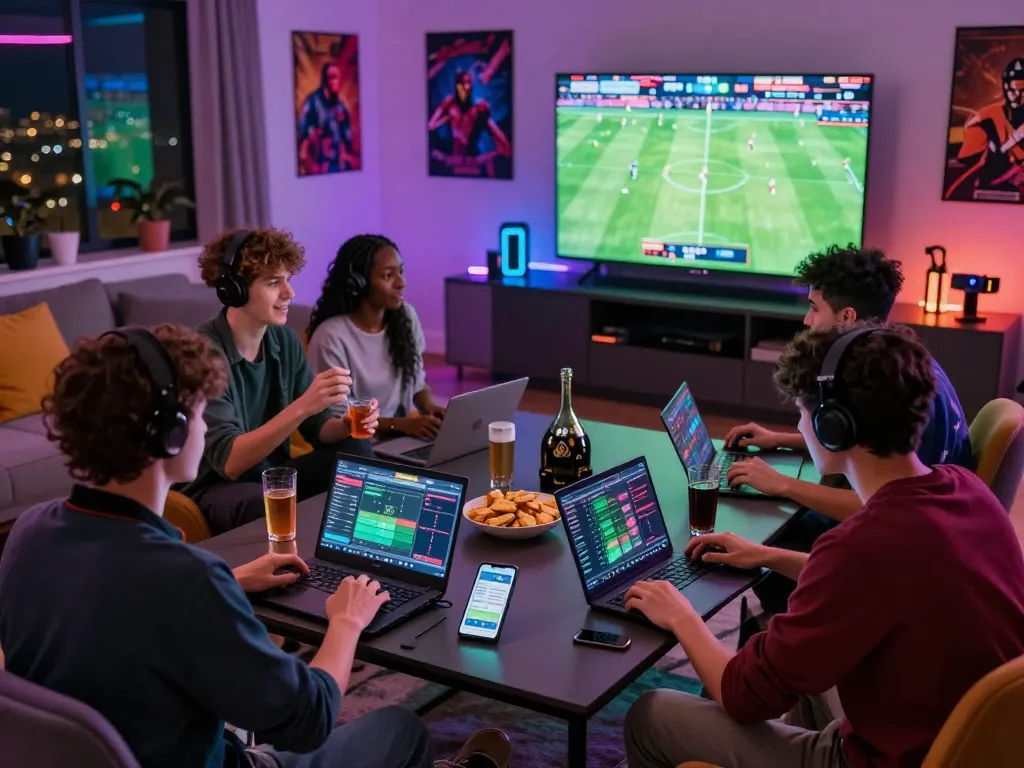Friends enjoying live sports betting on SC88.com in a vibrant gaming atmosphere, capturing excitement and technology.