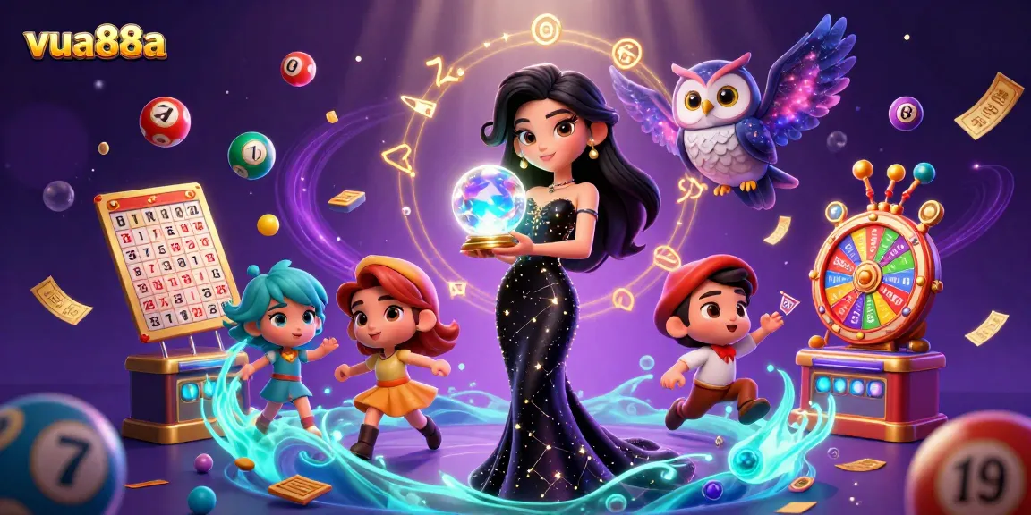 Engage with the vibrant world of vua88a as a mystical woman and a cartoon owl celebrate with lottery elements.