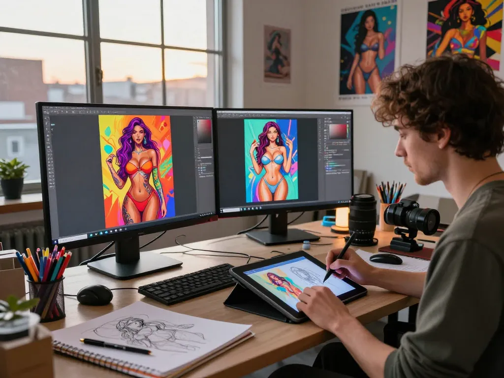 AI slut representation in vibrant digital art studio, artist creating innovative virtual companions.