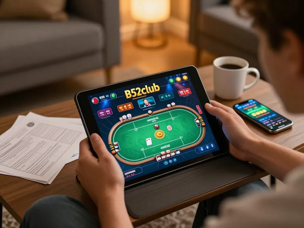 Engaging with b52club money on a tablet, showcasing poker gameplay in a cozy setting.