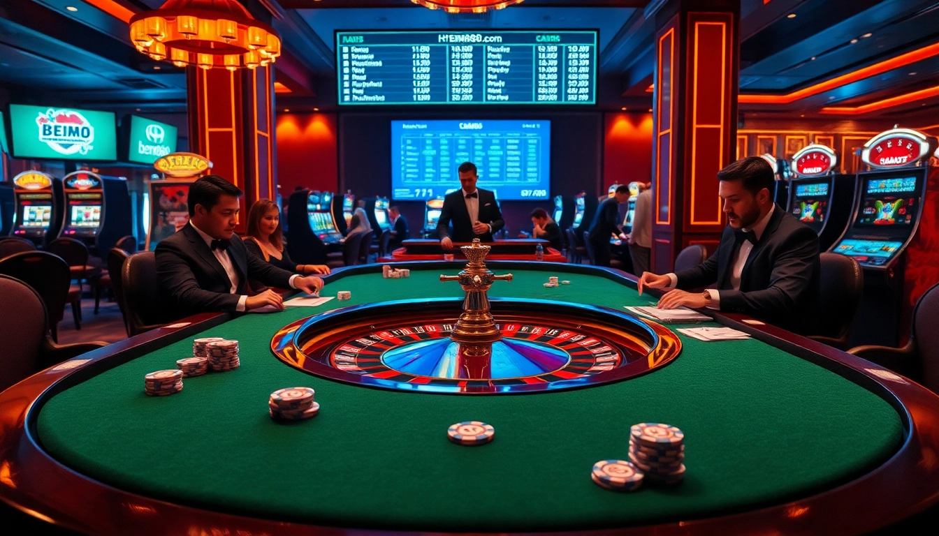 Players enjoy a dynamic gaming experience at https://bem88.com with poker chips and roulette table.