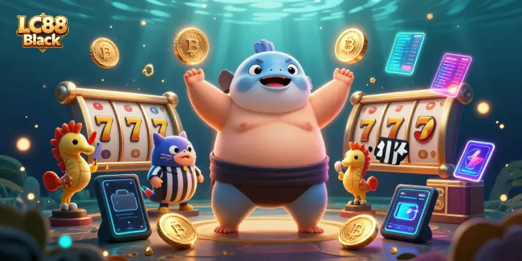 Catch the excitement of LC88 Black slots in this lively underwater casino scene!