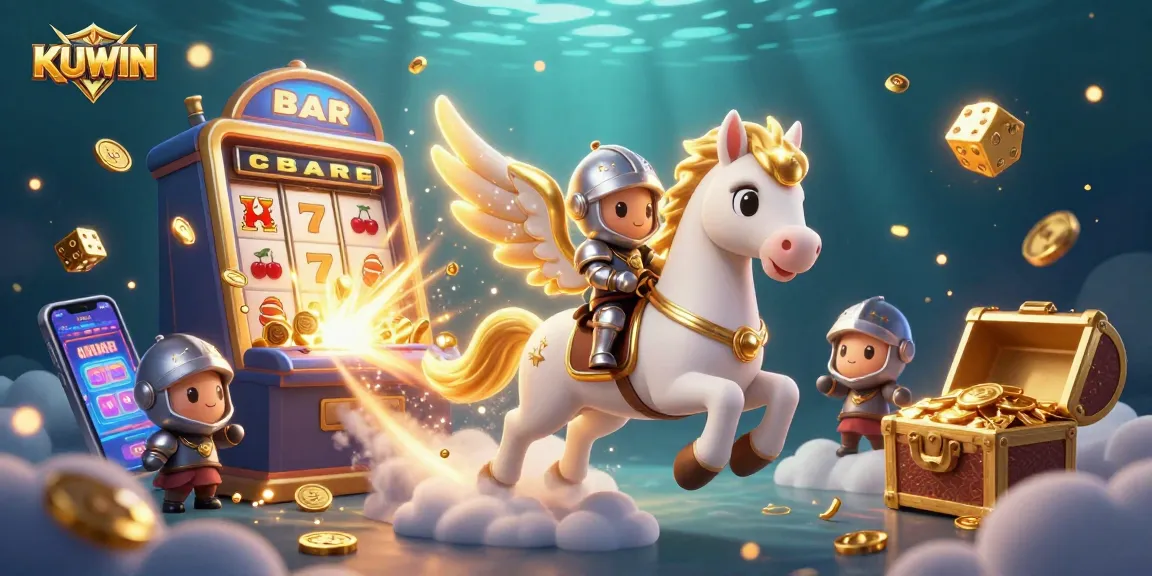 KUWIN players win big with epic 3D illustration of jackpots and casino thrills.
