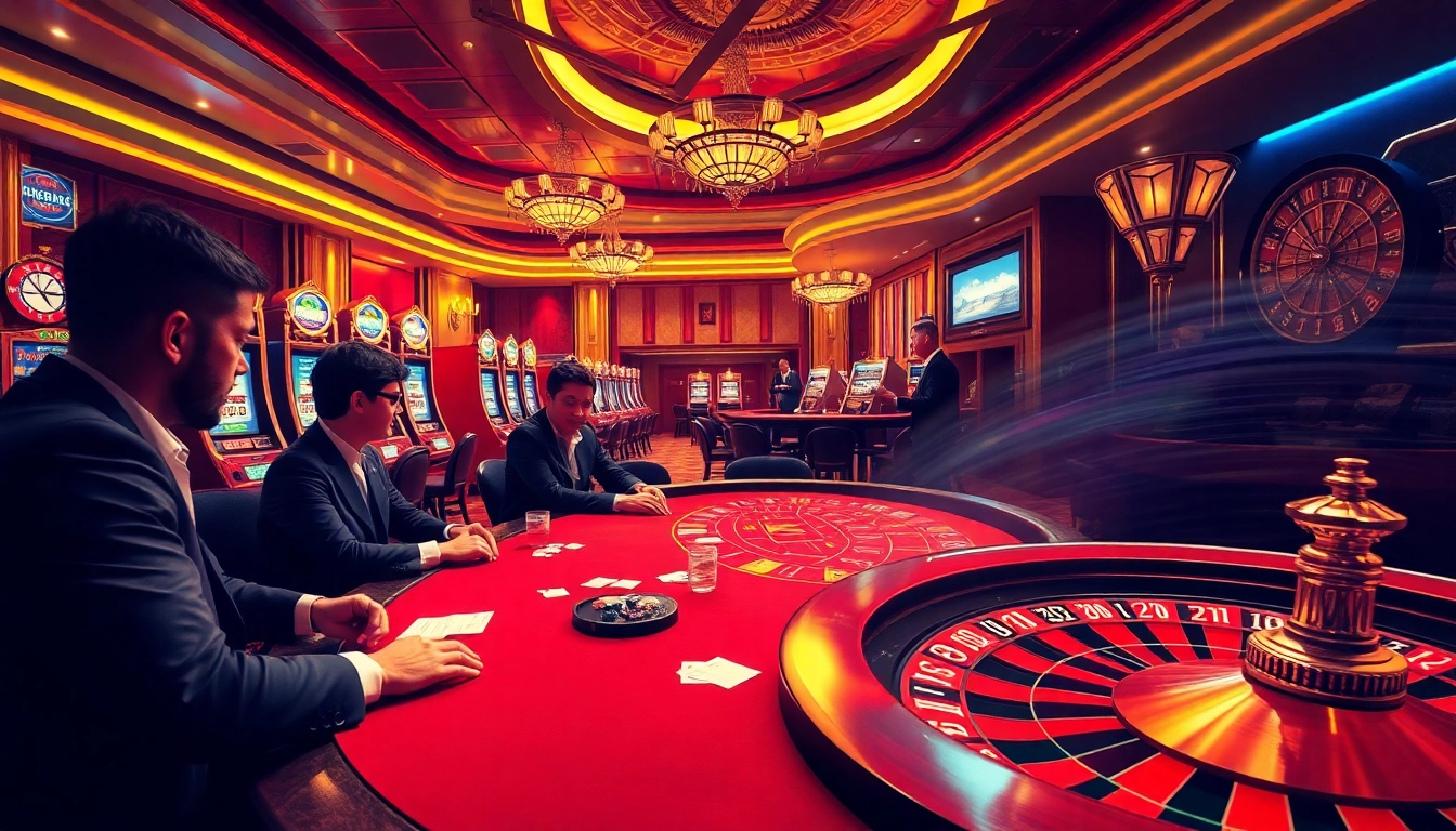 KJC casino players enjoying a high-stakes poker game amidst dazzling slot machines.