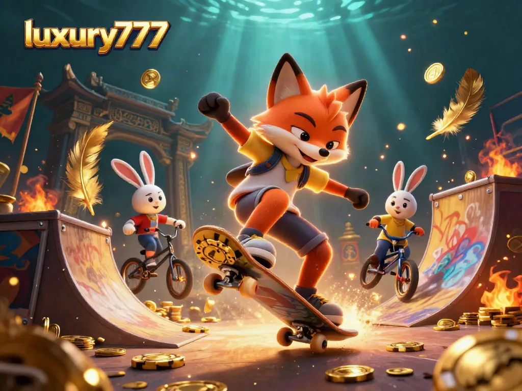 Experience luxury777 with a dynamic scene of a skateboarder fox and BMX rabbit in a casino atmosphere.