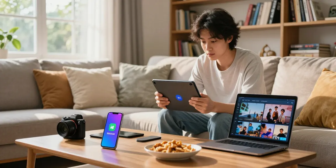 Young adult using Vidmate APK on a tablet at home, surrounded by devices and snacks.