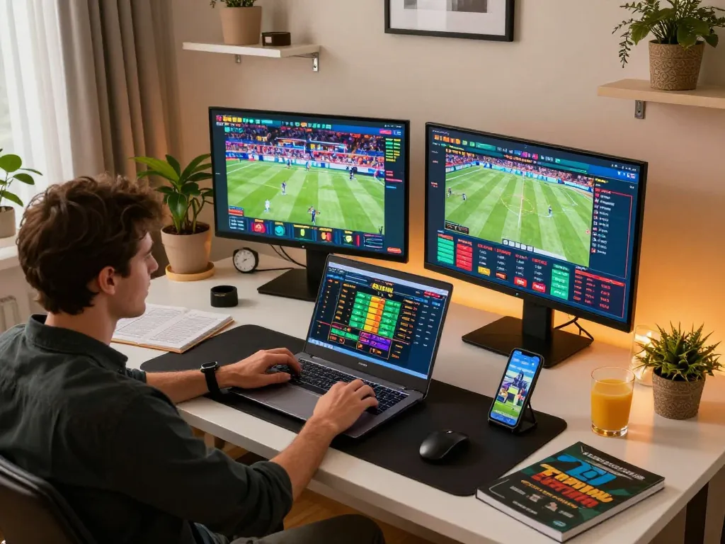 Engaged player betting on TG88 with laptop and smartphone in a cozy home office setting
