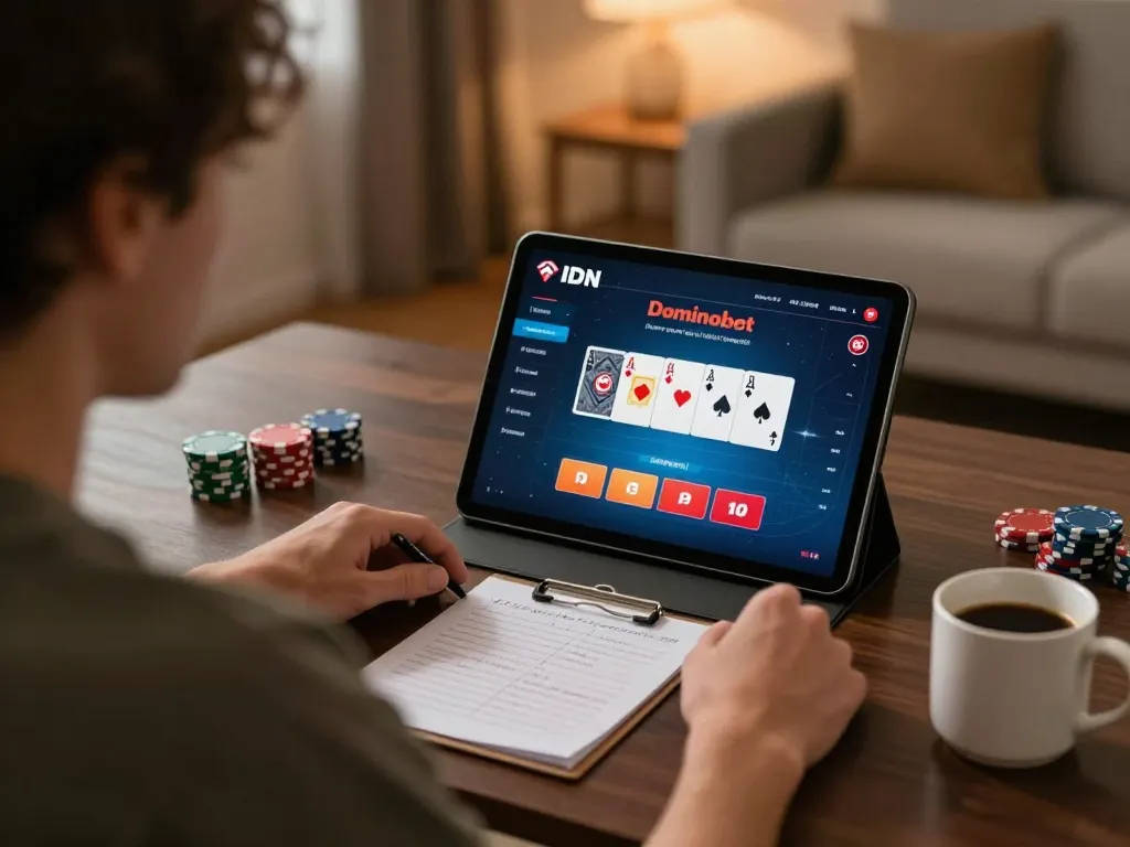 Engaging gameplay of IDN poker dominobet shown on a tablet at home, creating a cozy gambling atmosphere.