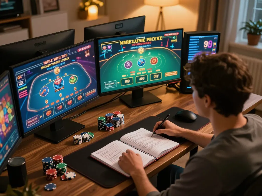 Player engaging in online casino games at home, highlighting strategies and responsible gambling with 88 AA.