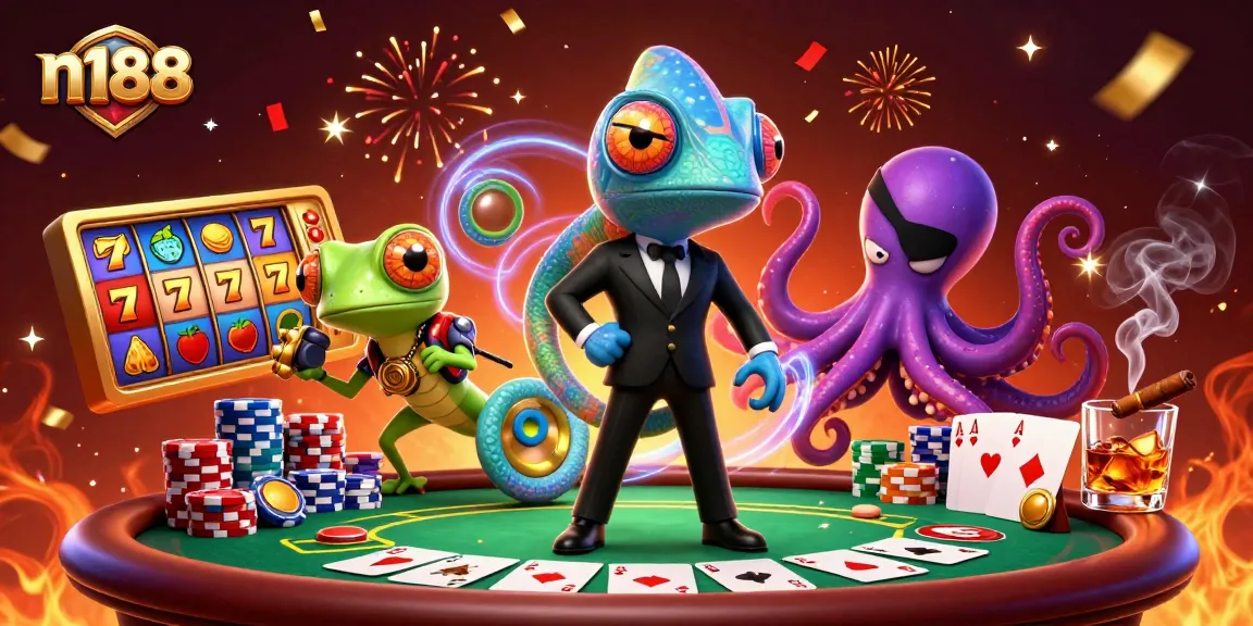 N188 gaming experience featuring vibrant slot reels and poker dynamics in a lively casino atmosphere.