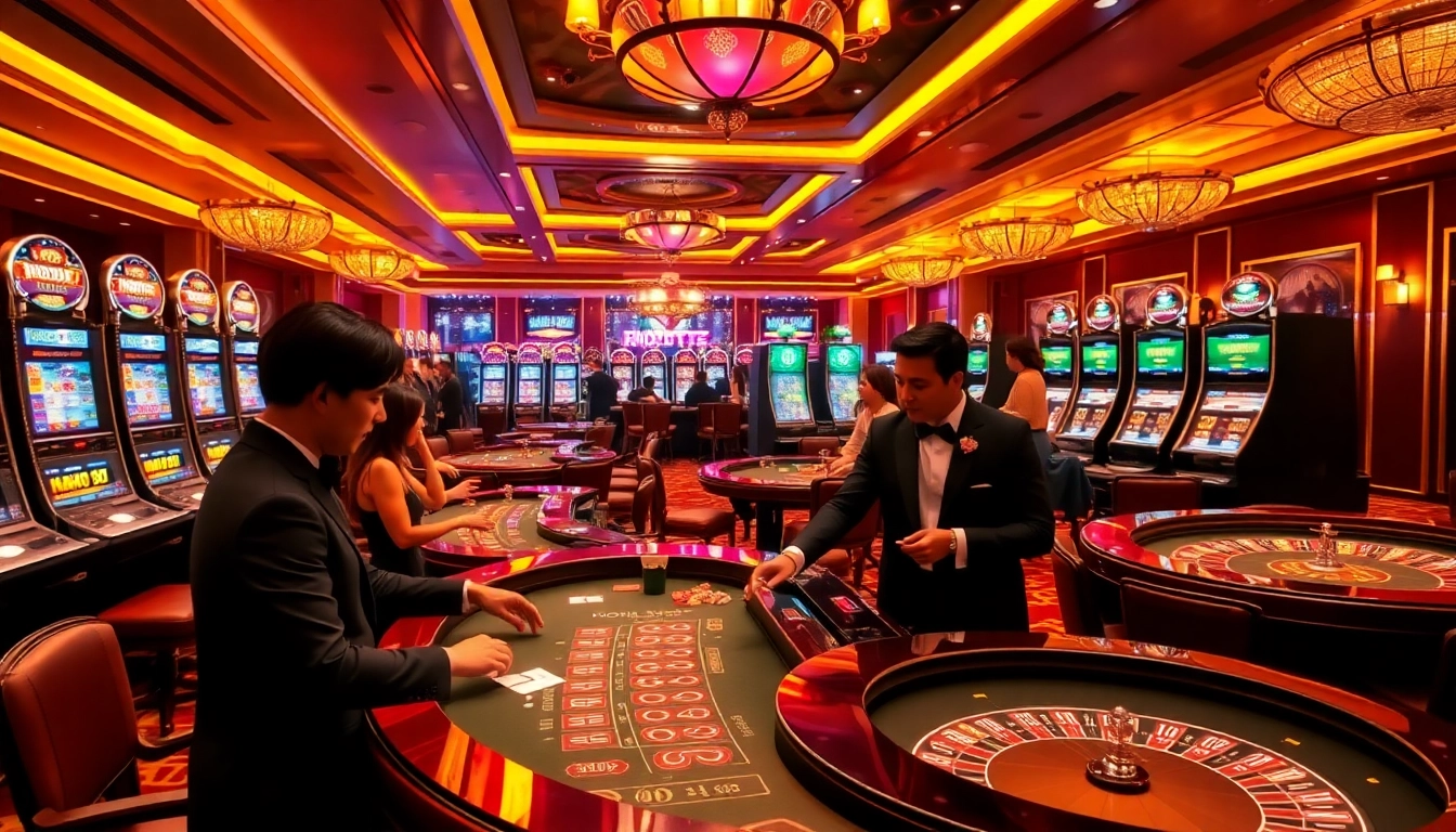 Players enjoy a thrilling game night at NOHU 90, surrounded by vibrant slot machines and roulette tables.