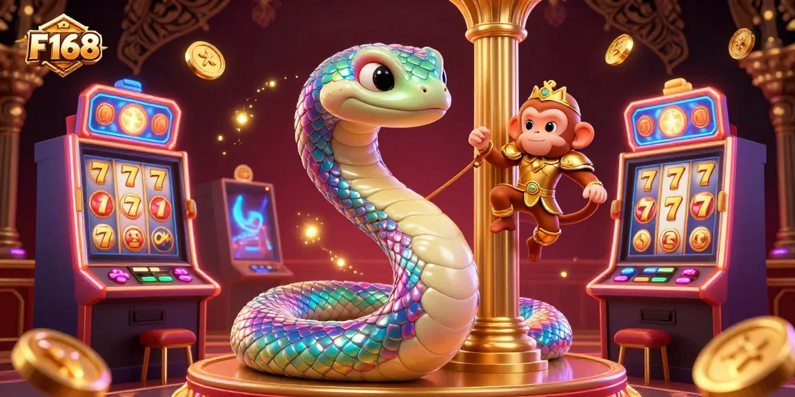 Experience vibrant gameplay at F168 with a lively illustration featuring a cartoon serpent, slot machines, and dynamic gaming elements.