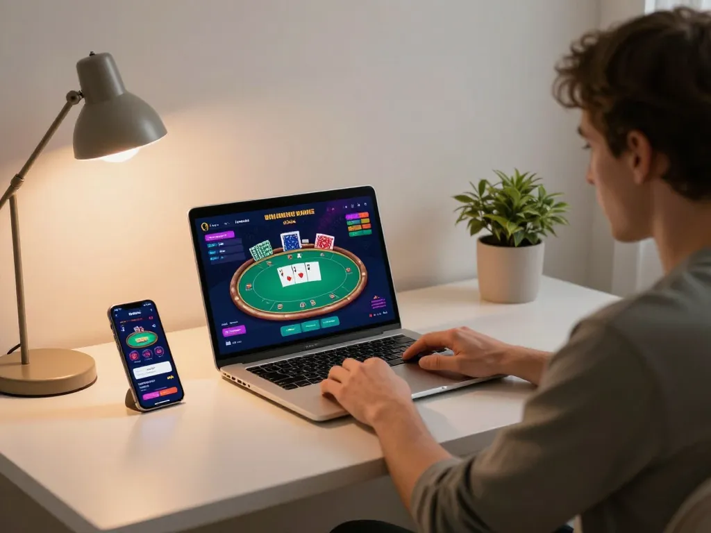 Engaging online gaming scene with ww88 poker interface, showcasing a cozy home setup.