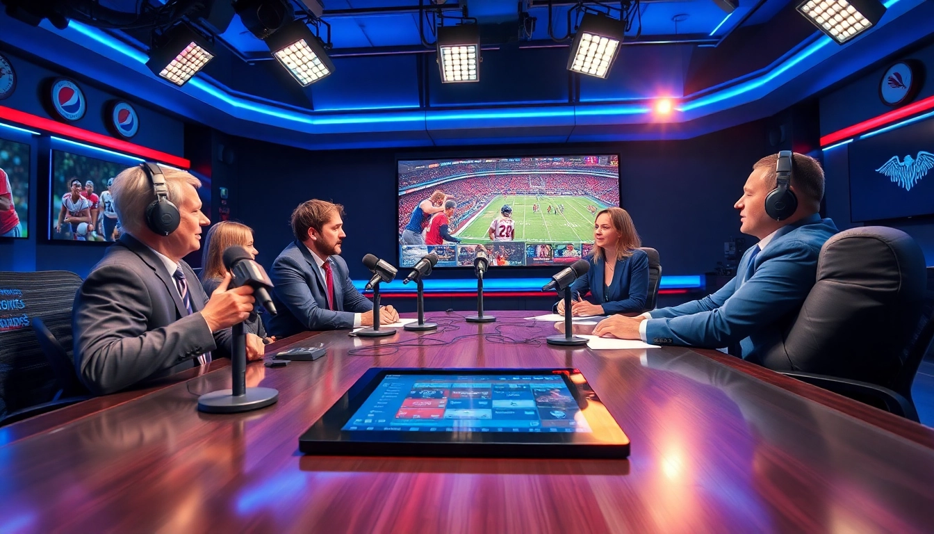 Sports Broadcasting anchors discussing live events in a vibrant studio environment.