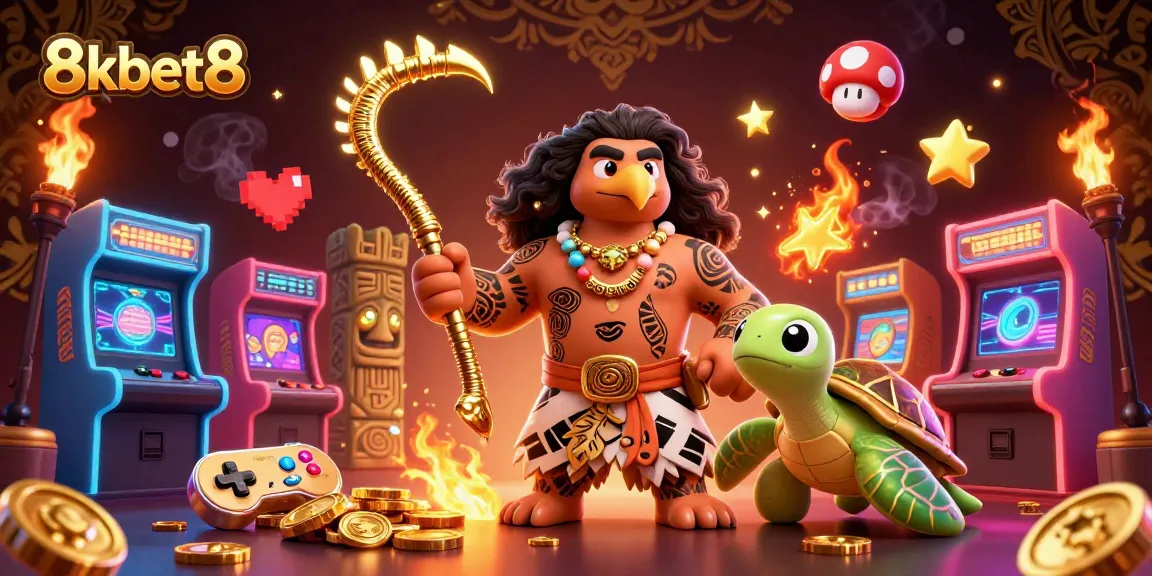 8kbet8 features a vibrant casino illustration with a demigod hawk and arcade machines.