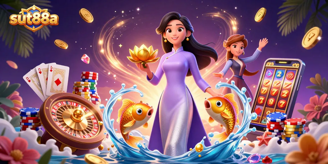 Engage with games at sut88a featuring a lavish, animated casino scene with vibrant gold elements.