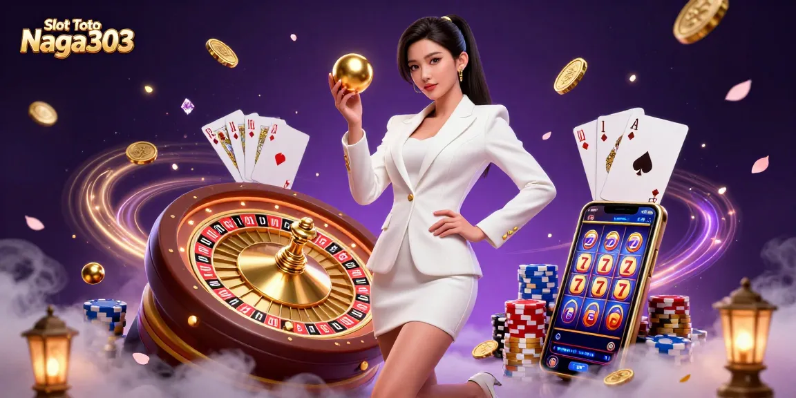 Experience vibrant gameplay with Slot Toto Naga303 featuring a stunning Asian woman holding a roulette ball amidst casino elements.