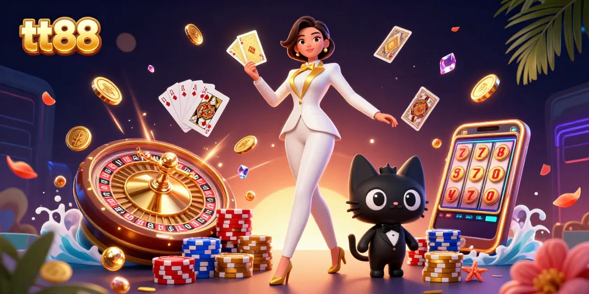 Experience thrilling gambling with tt88 as a glamorous dealer shuffles cards beside a charming cat in a rich casino setting.