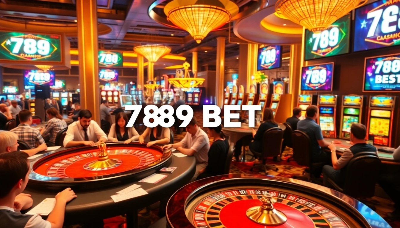 Vibrant casino scene showcasing excitement with diverse players at 789 BET poker table and slot machines.