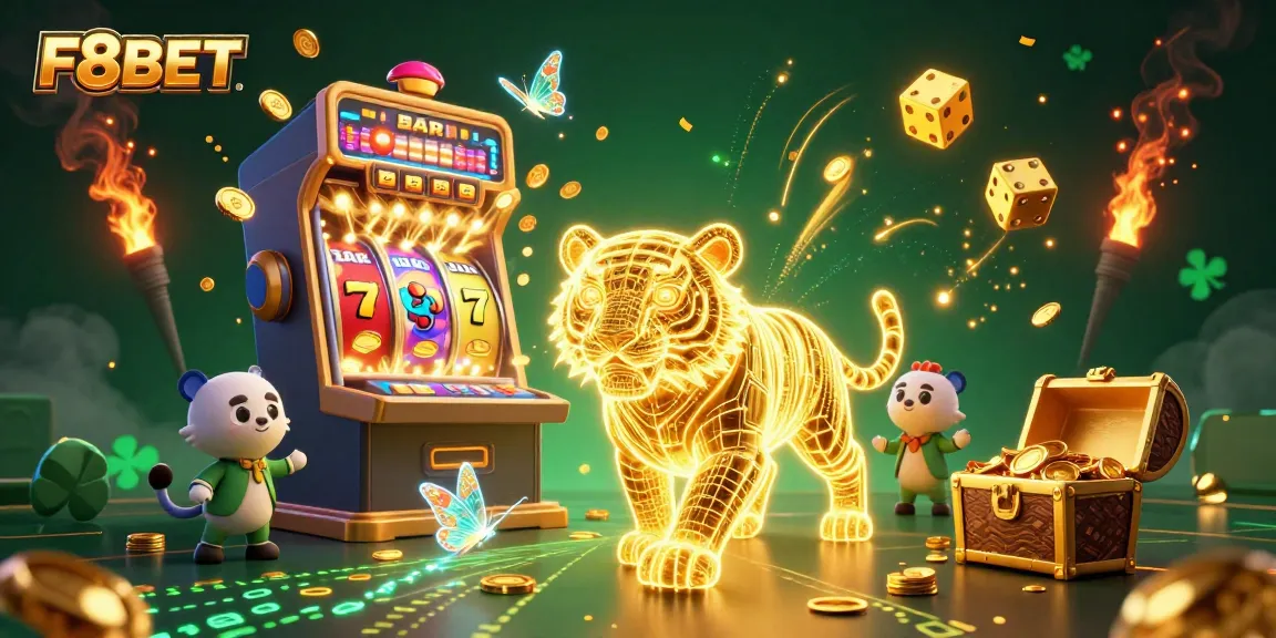 Join the F8BET action with a golden tiger and dynamic casino elements bursting with excitement.