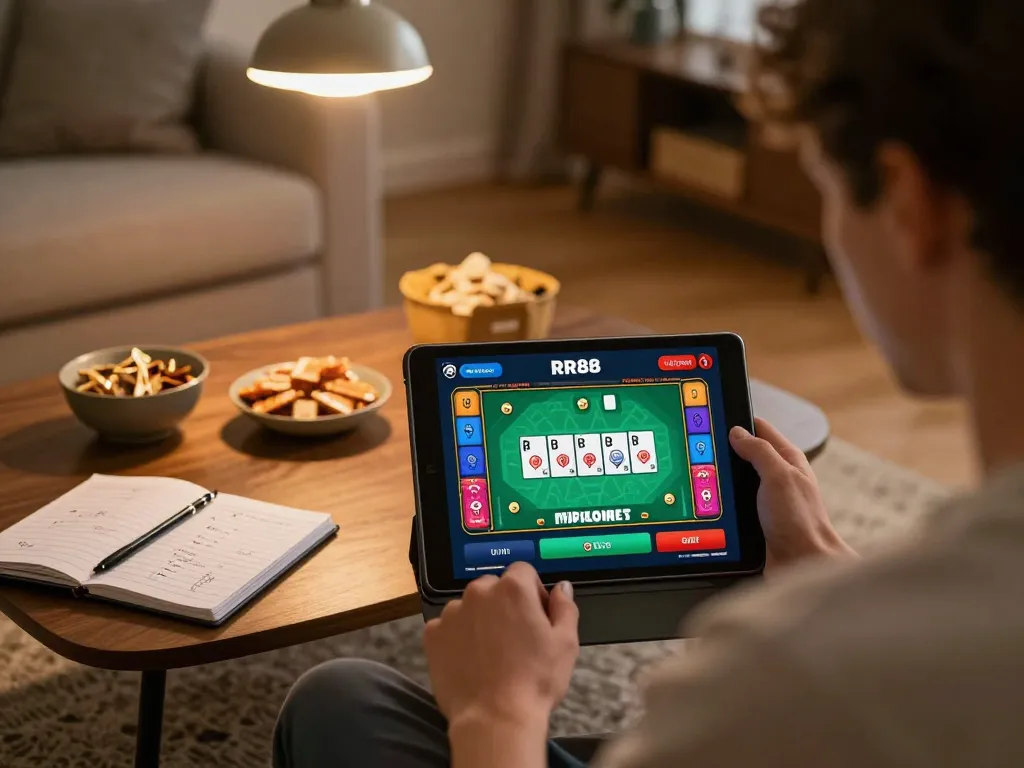 Engaging with the RR88 app on tablet in a cozy home environment, perfect for strategic online gaming