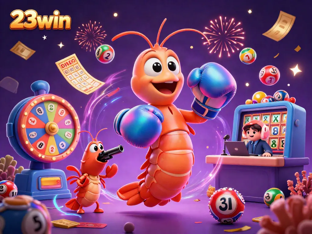 Catch exciting moments at 23win with vibrant lottery balls and animated casino characters.