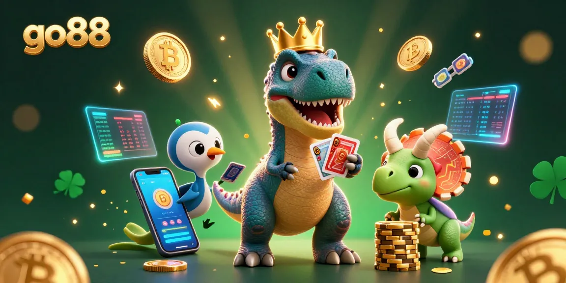 Join the fun with go88: A T-Rex shuffling cards amidst glowing crypto coins and chips.