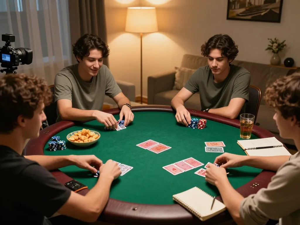 Friends play poker at home while enjoying snacks and drinks, showcasing a fun 99Win gaming night.