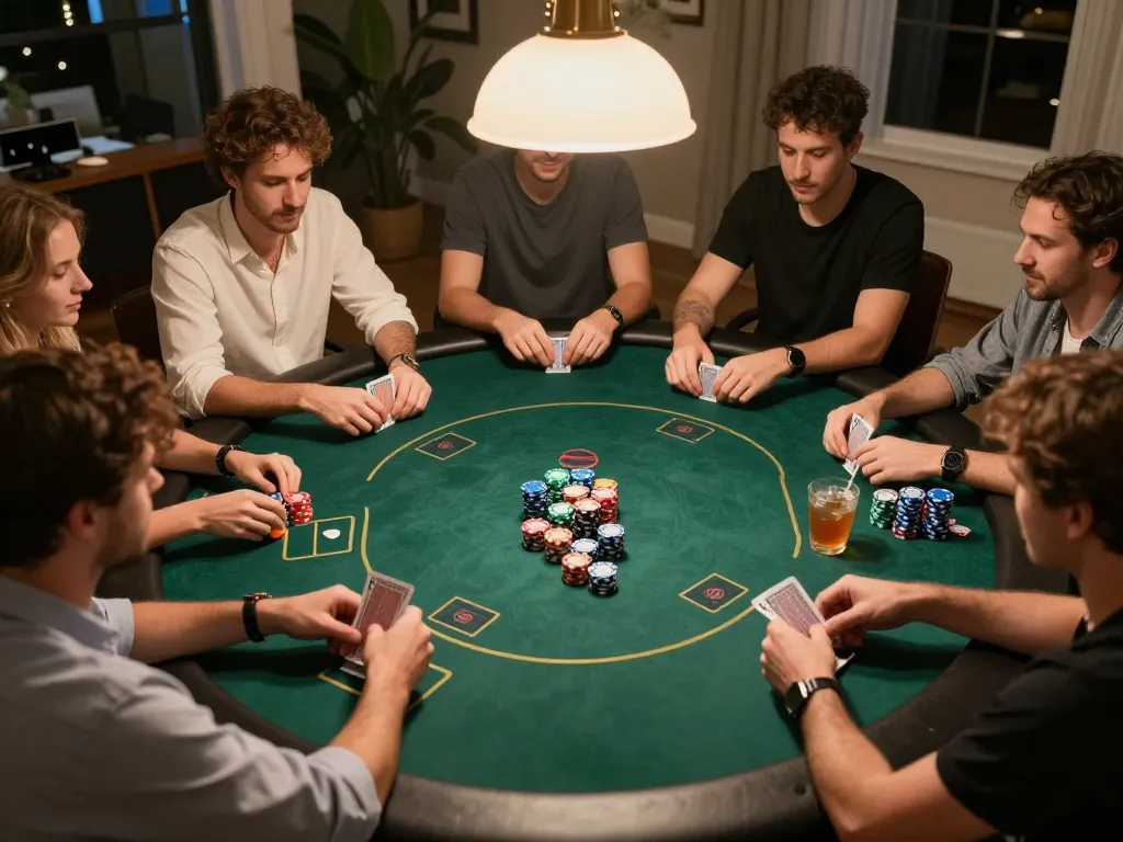 vuabet88i players enjoying a thrilling poker game at home, chips and cards in action.