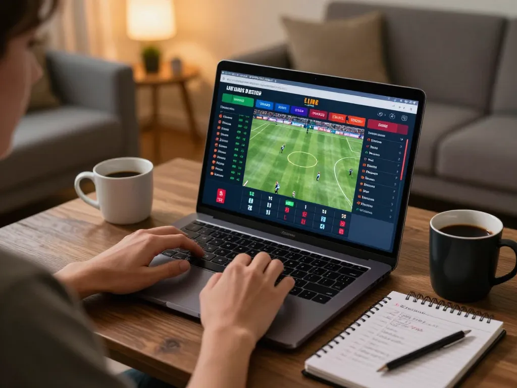 Person engaging in live sports betting on F168 with warm home lighting and strategic notes.